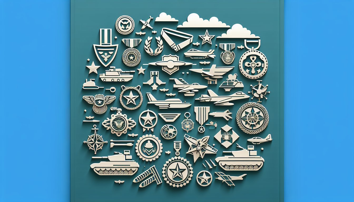 Layered paper art illustration of armed forces icons dog tags helmet medal and quiz elements on teal background