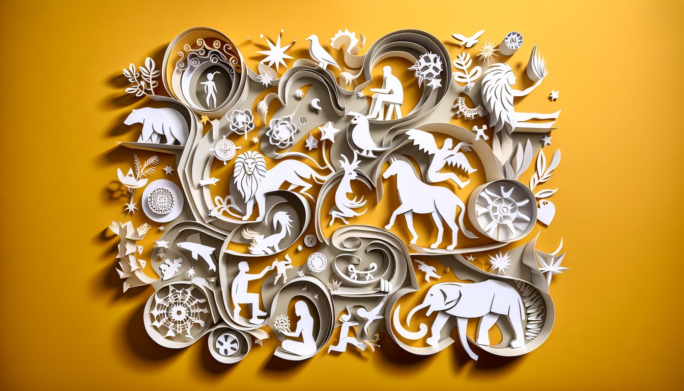 Paper cutout style illustration for Angel Beats quiz on golden yellow background featuring characters in playful collage