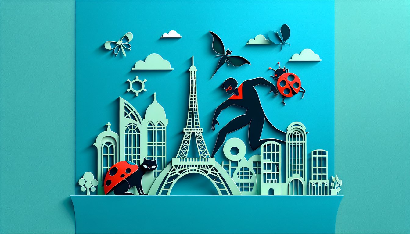 Paper art quiz illustration featuring Miraculous Ladybug and Cat Noir trivia on teal background