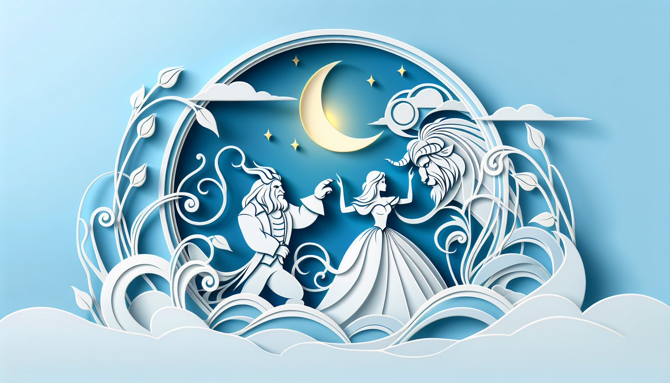 Paper art illustration with a red rose, book, candlestick and clock on sky blue background for a Beauty and the Beast quiz