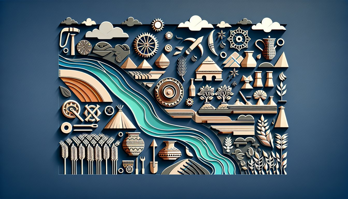 Paper art illustration for AP World History quiz on early civilizations and Indus River Valley on dark blue background