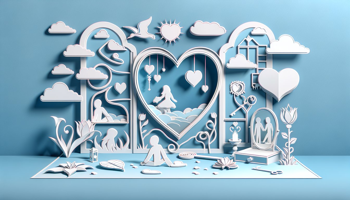 Paper art illustration for heart-themed quiz on sky blue background