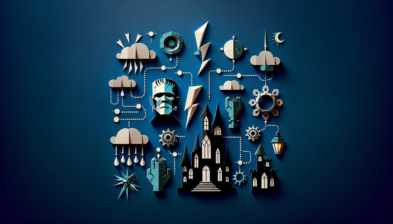 Colorful paper art promoting Frankenstein Test Lab, a literature quiz for high school students.