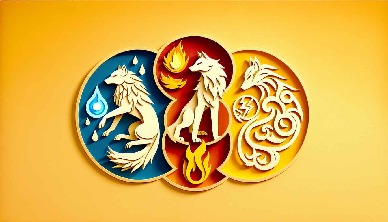 Paper art illustration for Pokemon legendary dog trio quiz on golden yellow background