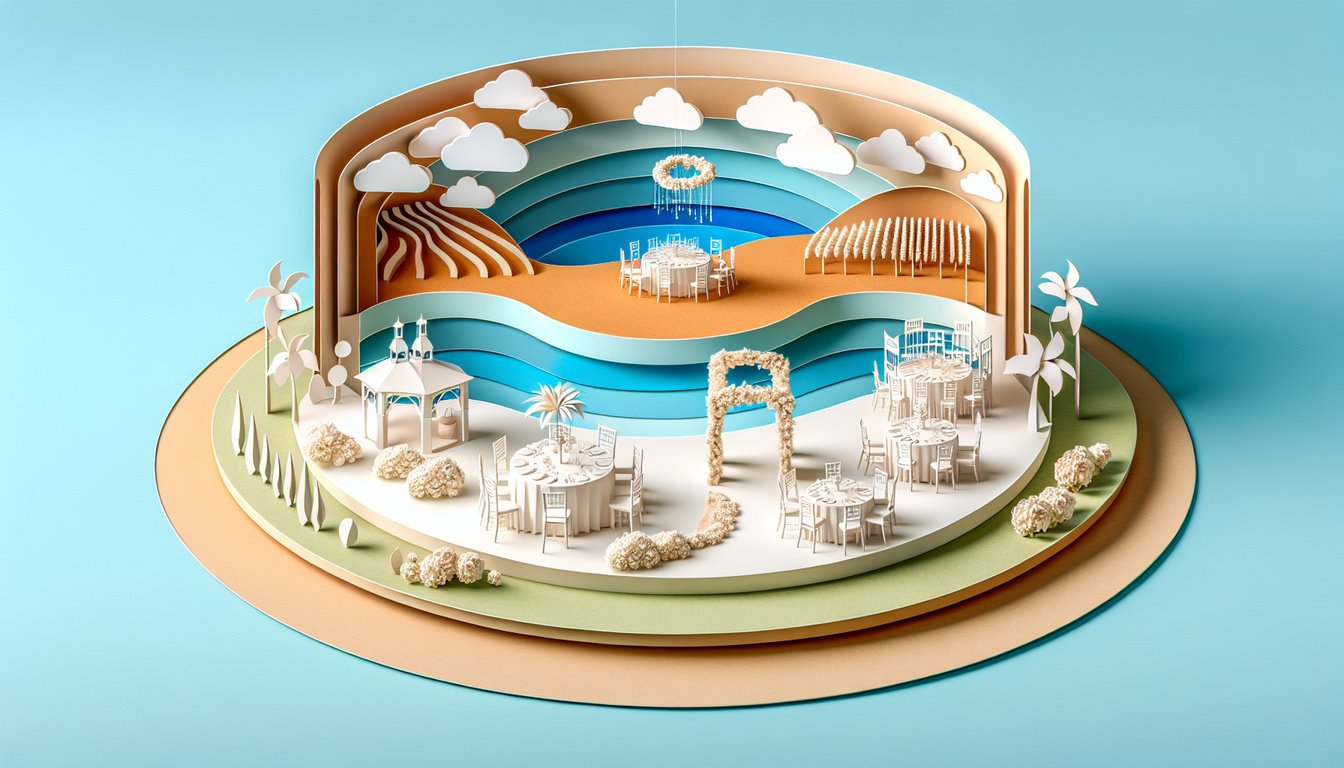 Paper art illustration for wedding venue style quiz on sky blue background
