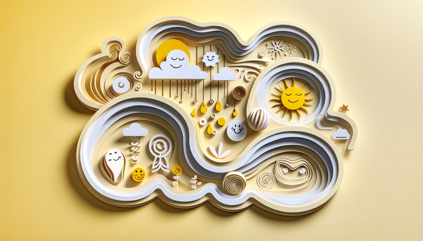 Paper art illustration for Am I Happy quiz on a golden yellow background