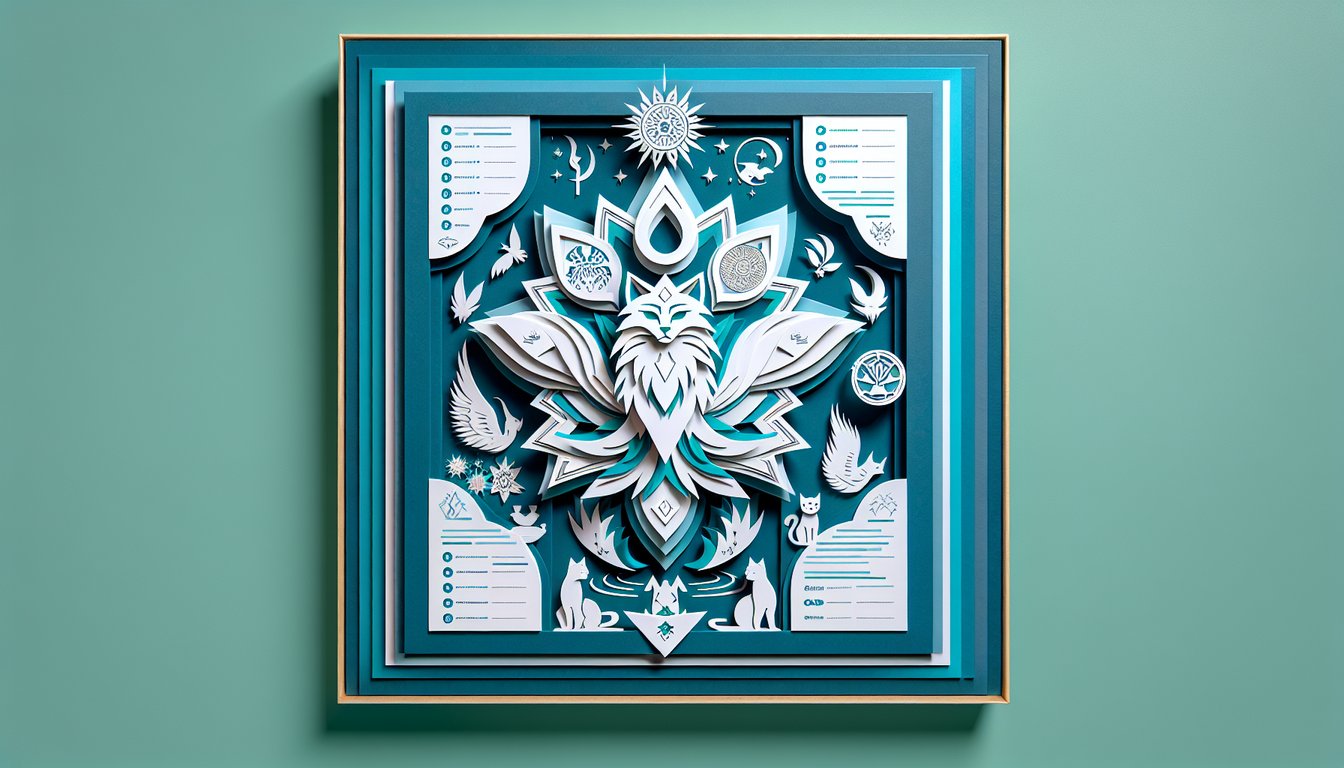 Paper art style cat silhouette and scroll icons on teal background promoting free Bluestar Prophecy Warriors trivia quiz