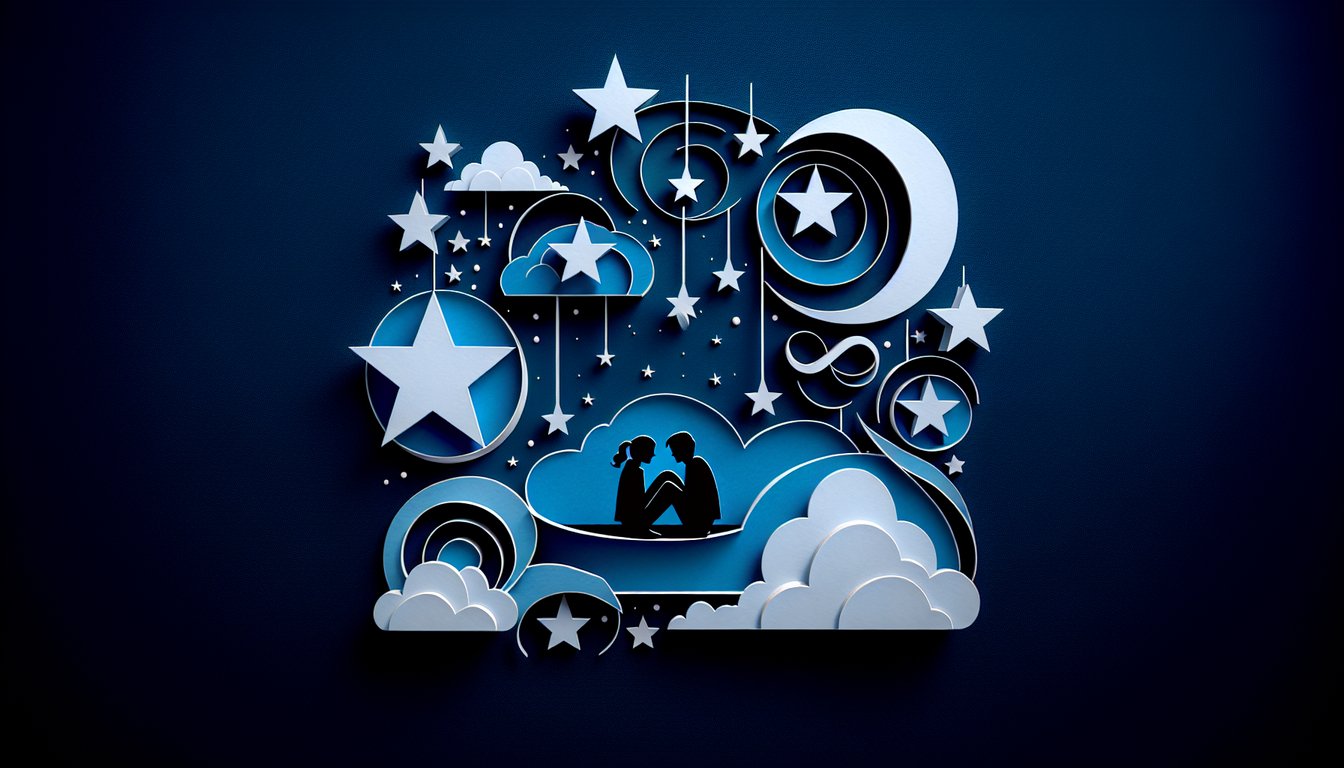 Paper art illustration on dark blue background for a Fault in Our Stars character match quiz with Hazel Gus and stars