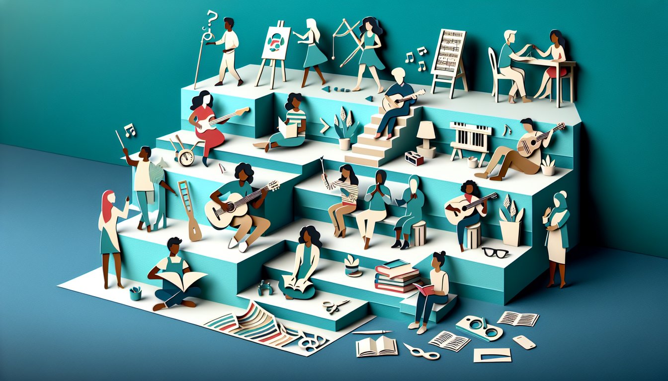 Paper art illustrating a personality quiz about self-worth and strengths on a teal background