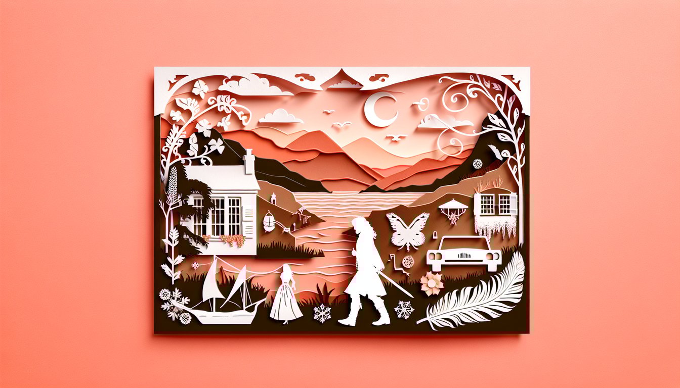 Paper art collage of Outlander inspired characters and tartan elements on coral background for free personality quiz