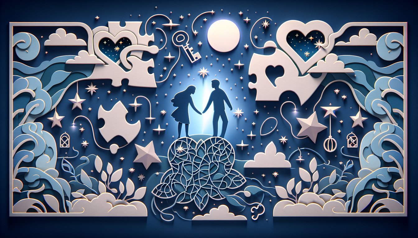 Paper art quiz illustration on dark blue background about finding your soulmate