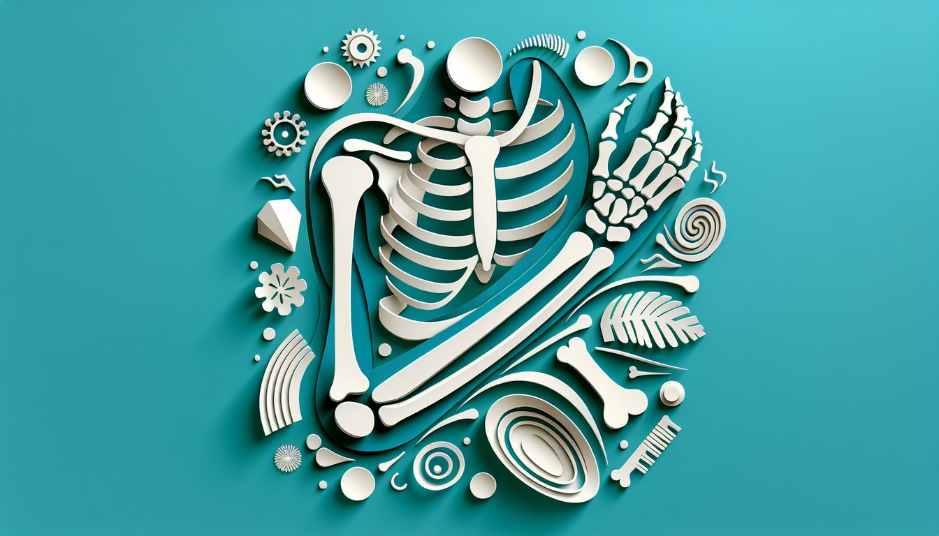 Paper art illustration of stylized arm bones on a teal background with quiz title Upper Extremity Bones Quiz