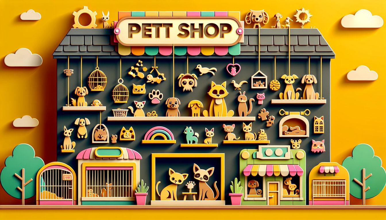 Paper art illustration for Littlest Pet Shop character quiz on a golden yellow background