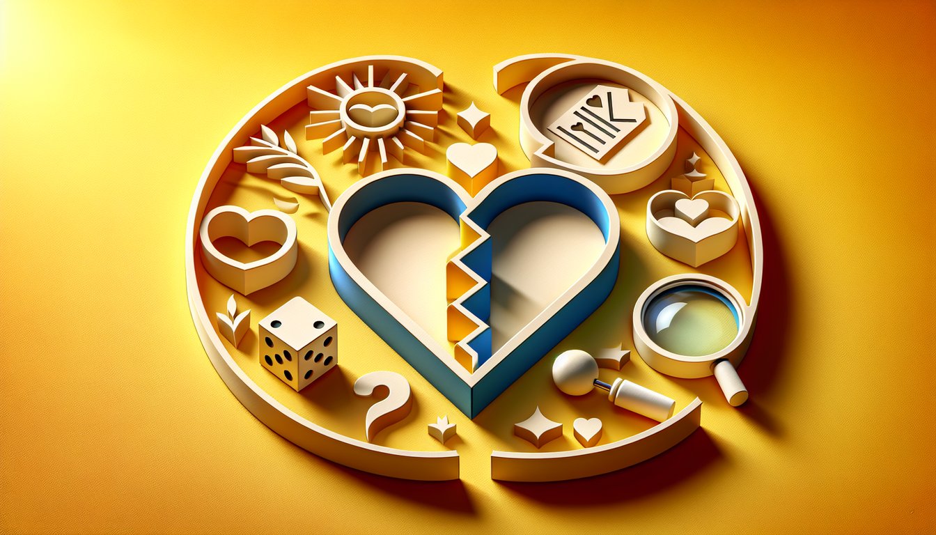 Paper art heart torn between man and woman icons with magnifying glass quiz symbols on golden yellow background