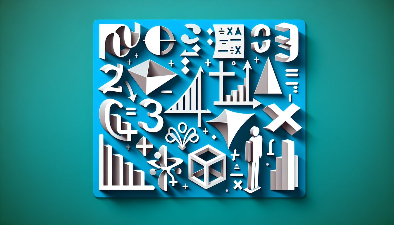 Paper art layers of math symbols and question marks on teal background promoting free precalc quiz