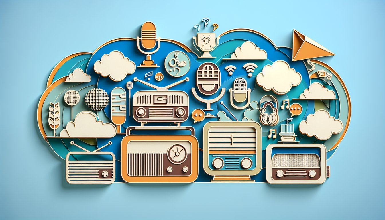 Paper art radio microphone papers stacked sound wave icons on sky blue background for old time radio quiz