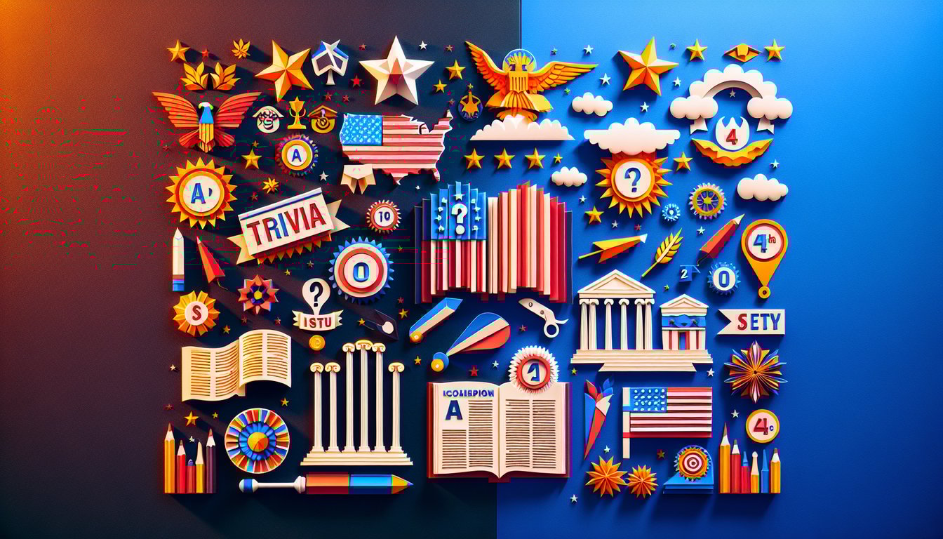 Paper art illustrating a trivia quiz on AP U.S. History for high school exam preparation.