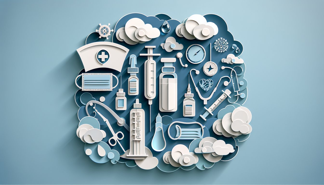 Paper art illustration showing TPN bag syringe pills stethoscope shield for infection prevention on sky blue background