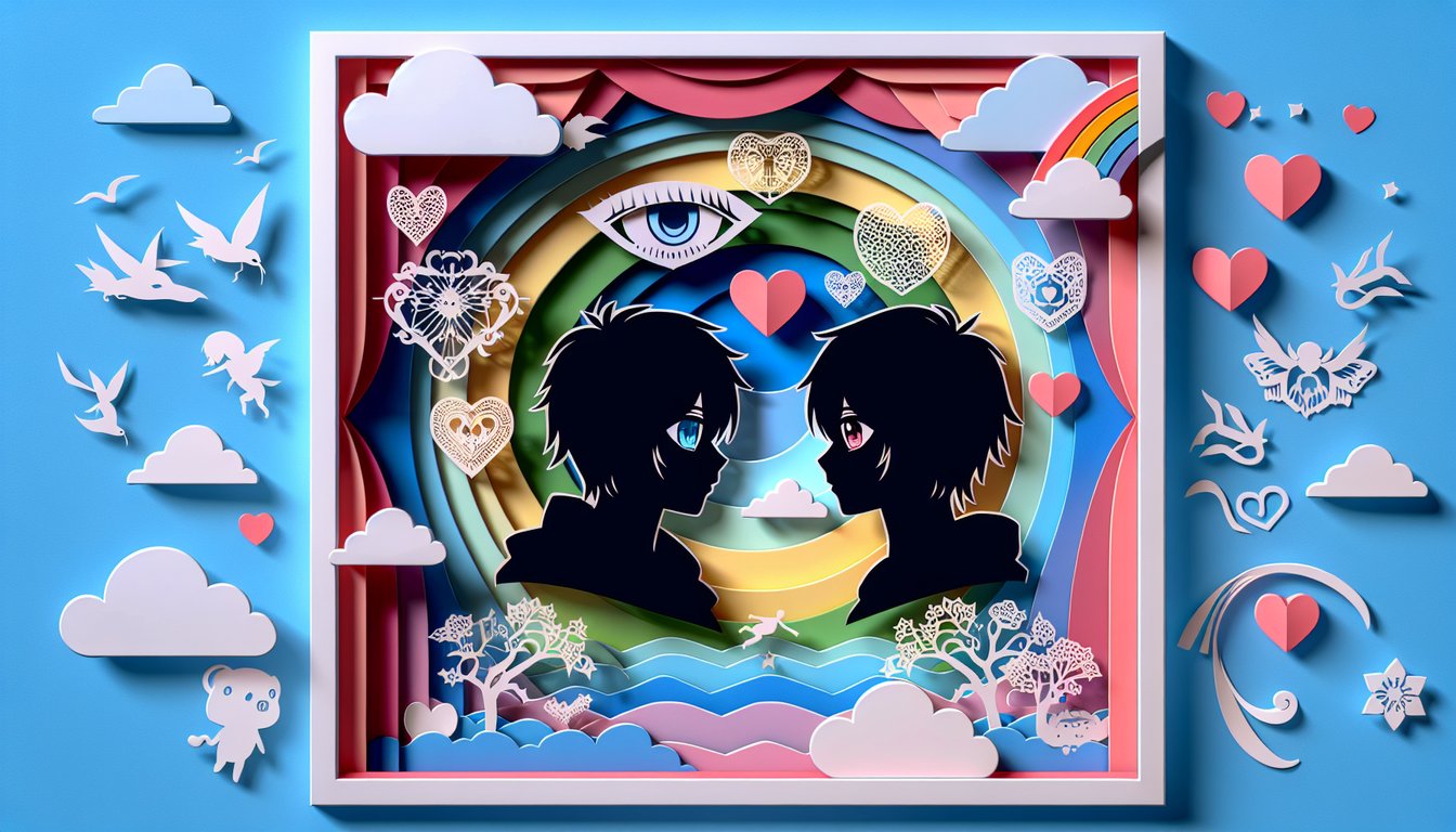 Paper art illustration for Yaoi quiz on boys love manga and anime on a sky blue background