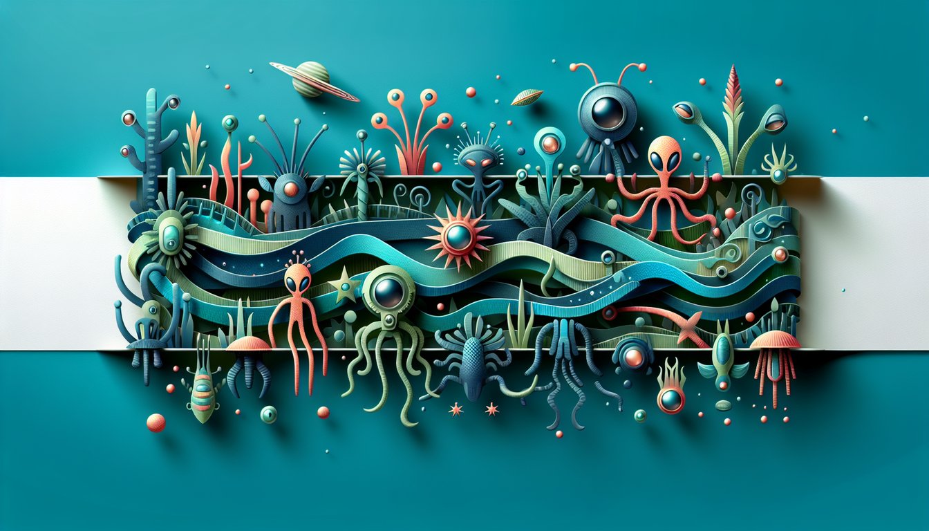 paper art illustration featuring alien silhouettes planets and quiz headline Curious Am I an Alien on teal background
