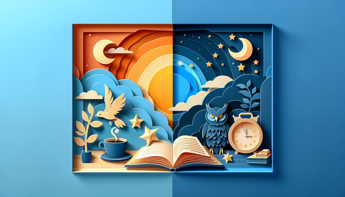 Paper art sun and moon with bird and owl icons on a sky blue background evoking morning night quiz theme