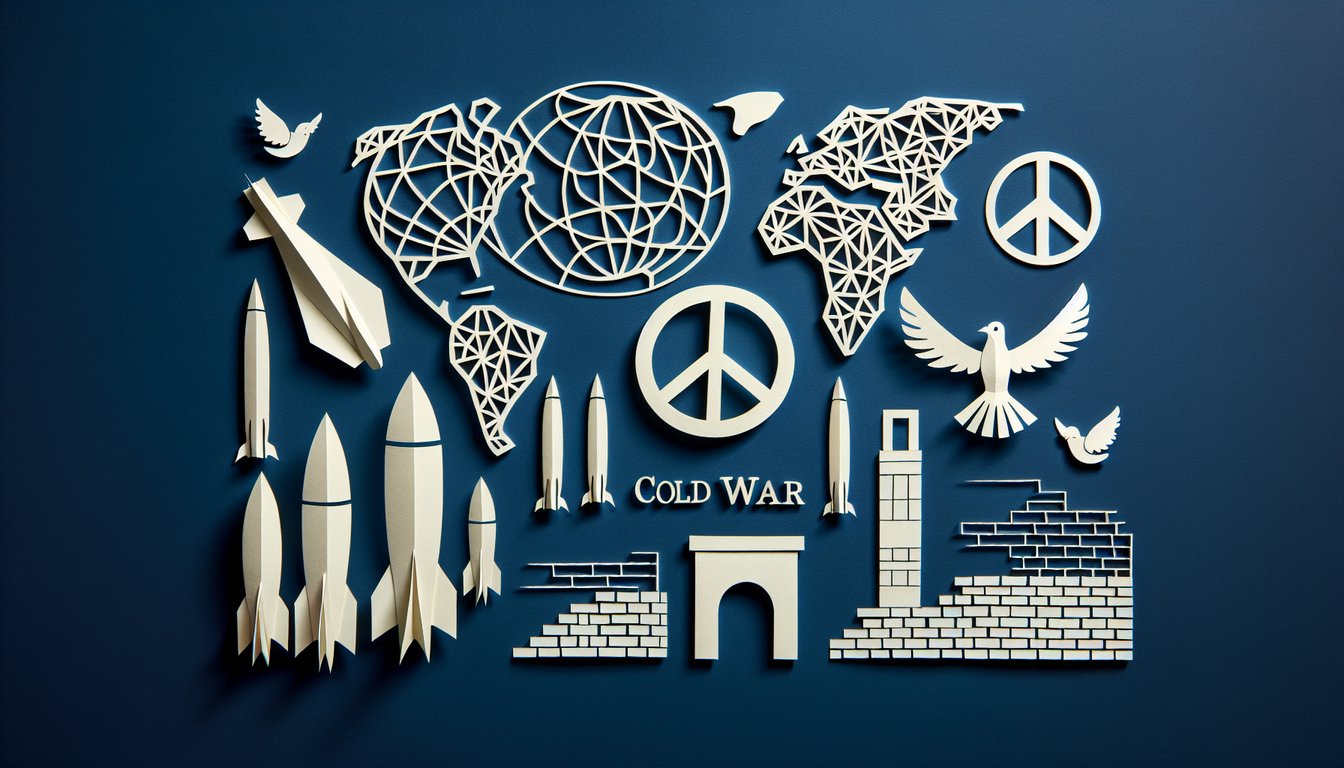 Colorful paper art promoting Cold War Decoded trivia for high school history preparation