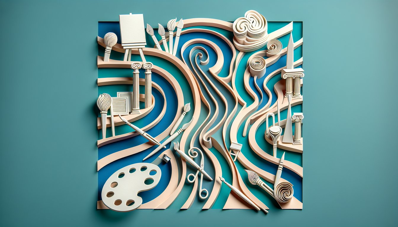 Paper art collage with paintbrush palette easel and colorful shapes on teal background for artist style quiz