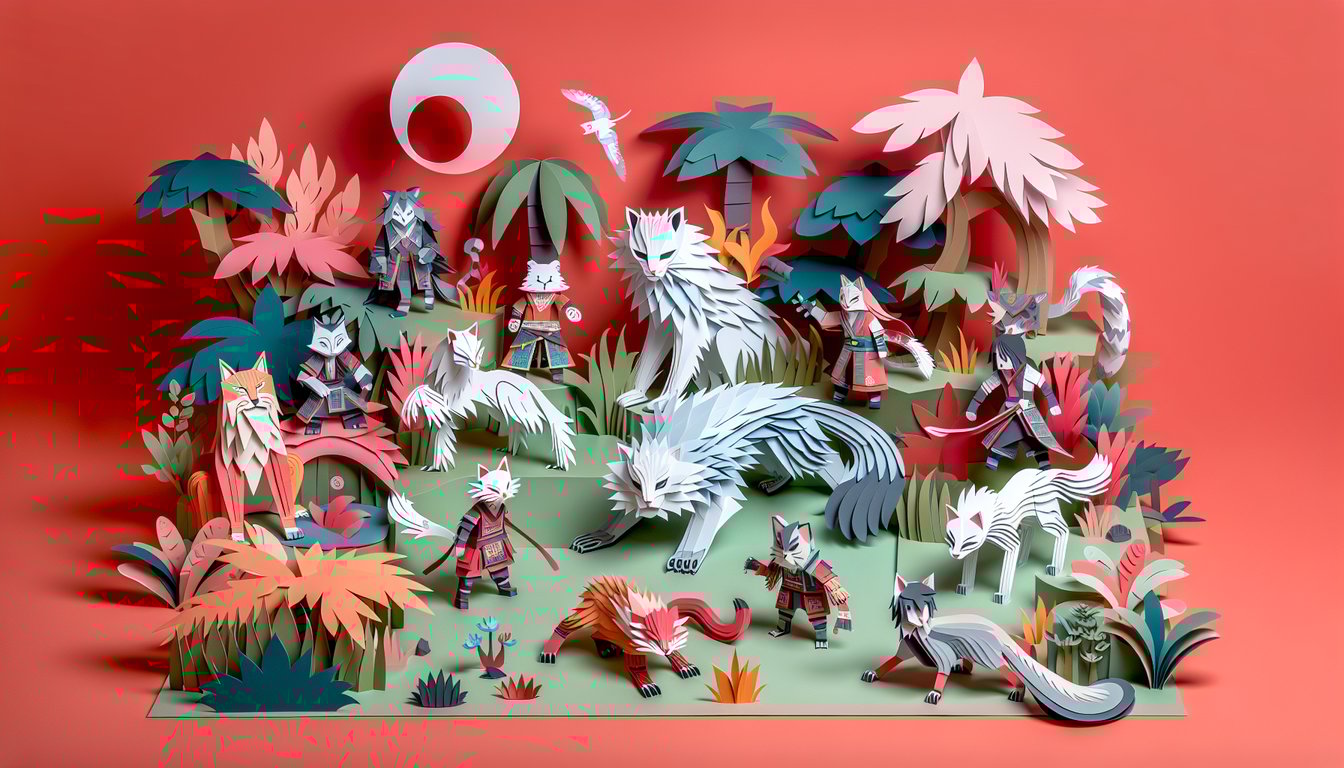 Paper art illustration of a warrior cat silhouette with stylized paws and whiskers on a coral background with quiz accents