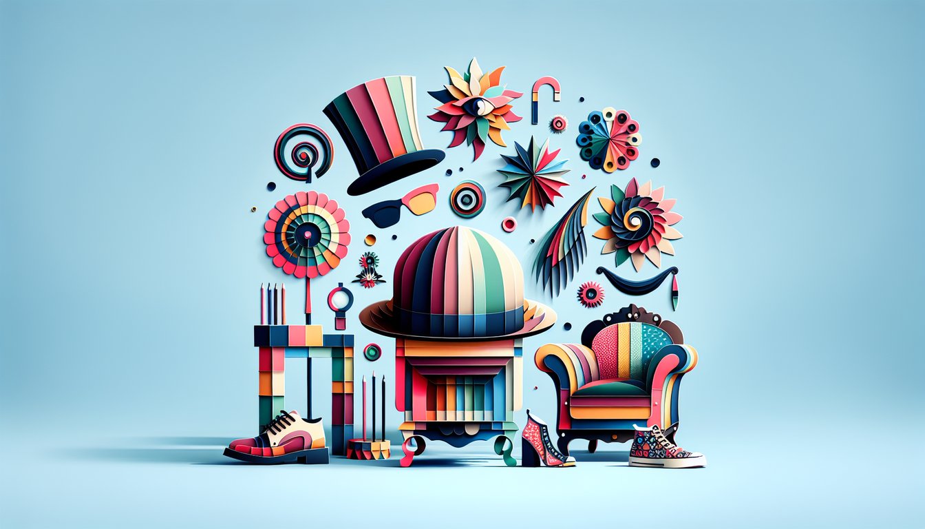 Whimsical paper art collage of colorful quirky shapes and question marks floating on sky blue background.