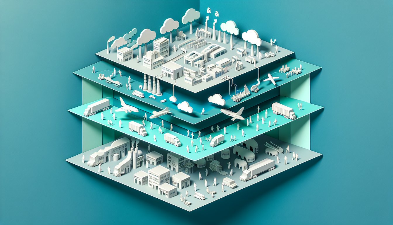 Paper art illustration of gears coins boxes cart representing production distribution consumption on teal background.