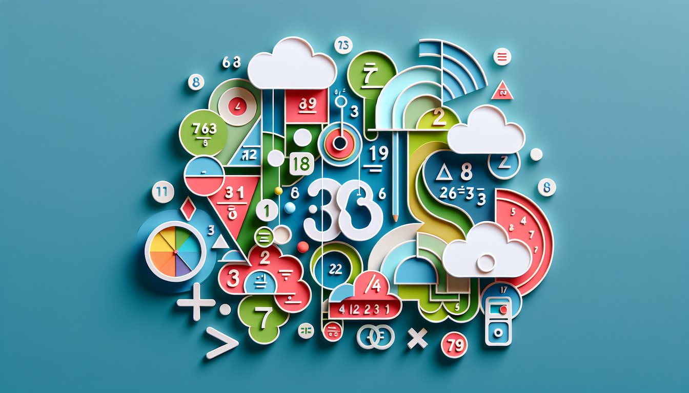Paper art numbers and fraction symbols on teal background invite quiz on factors multiples primes and fractions