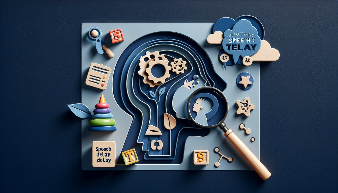 Paper art style illustration of child speech therapy quiz with speech bubbles and test elements on dark blue background