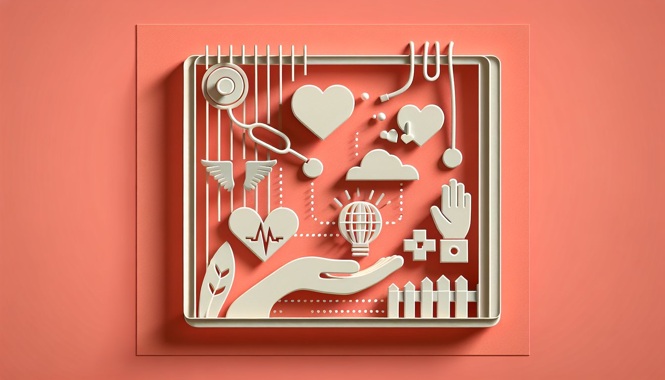 Paper art scene showing caregiver figures holding puzzle pieces separated by boundary lines on coral background