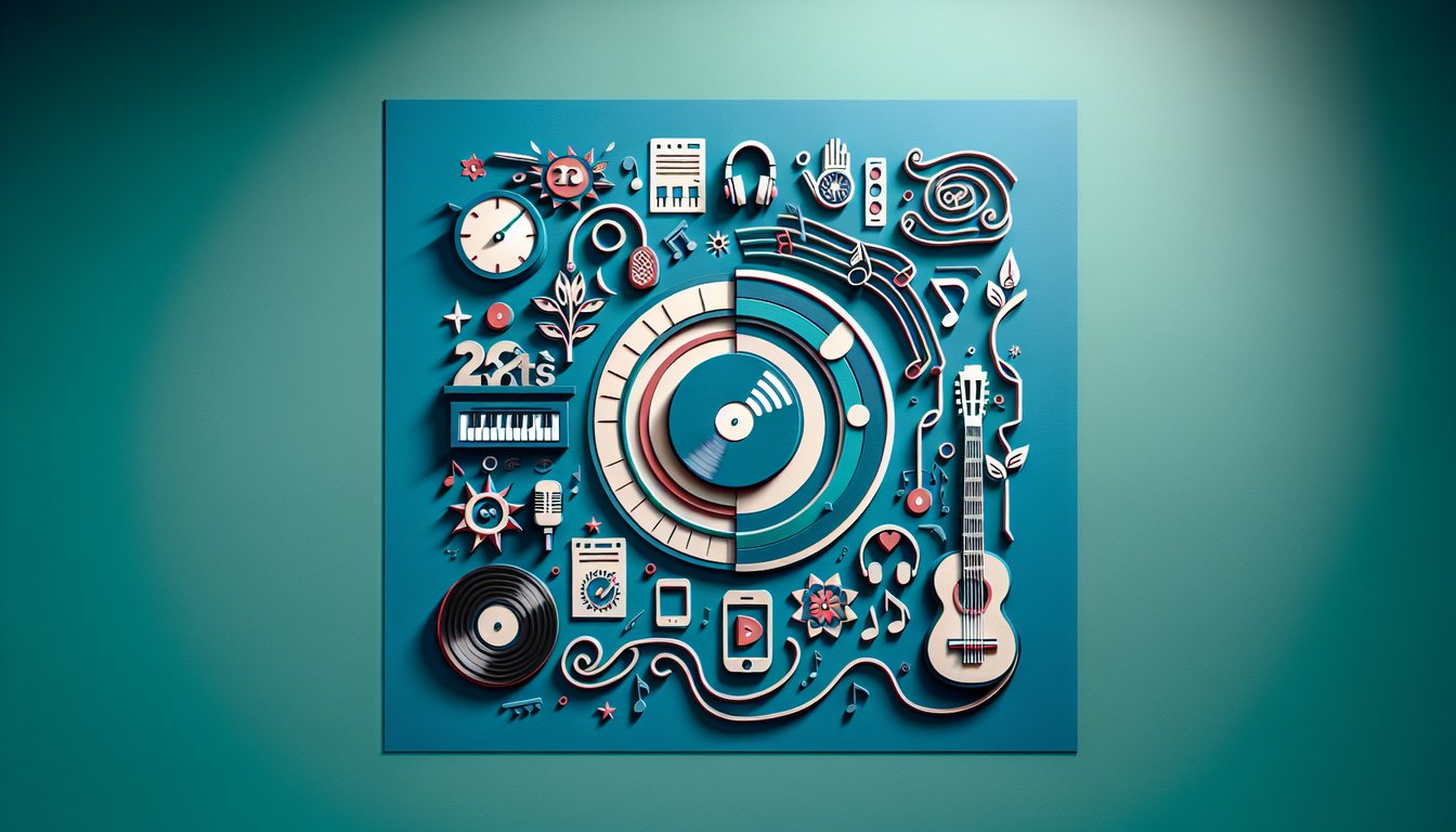 Paper art layers of music notes vinyl record and headphones on a teal background for a quiz to discover your life song