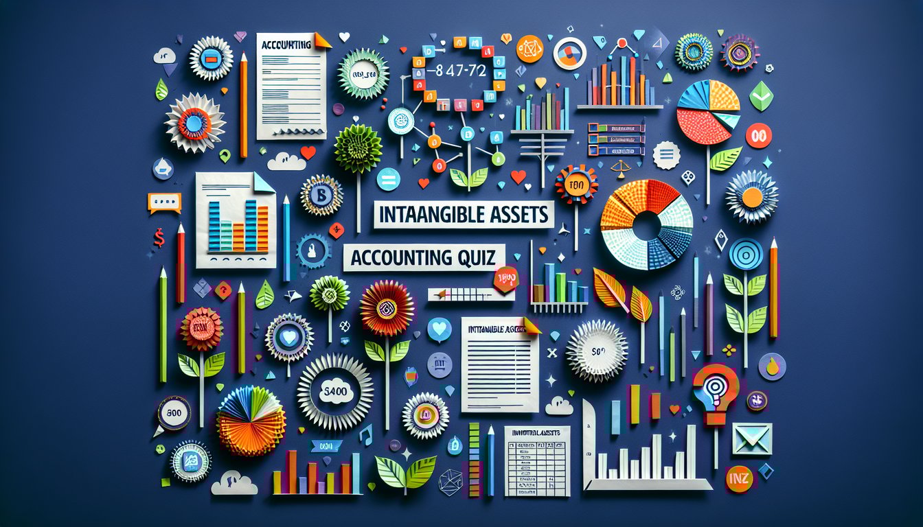Colorful paper art depicting elements related to Intangible Assets Accounting Quiz