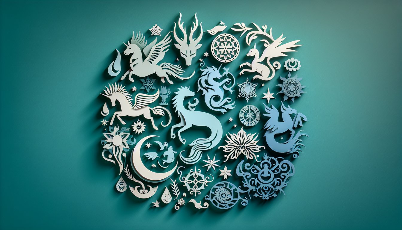Paper art featuring dragons unicorns phoenix mermaids on teal background hinting at mythical creature personality quiz.