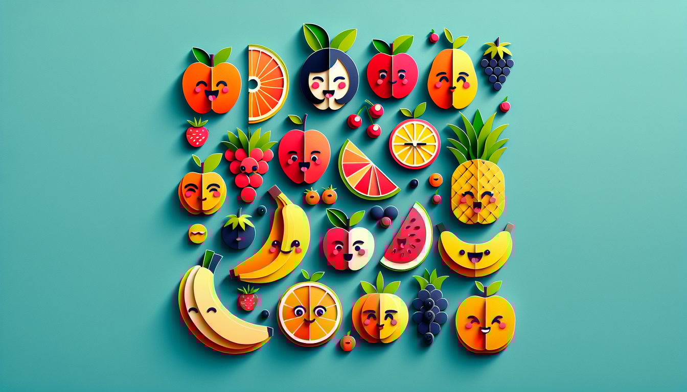 Paper art illustration for fruit personality quiz on a teal background