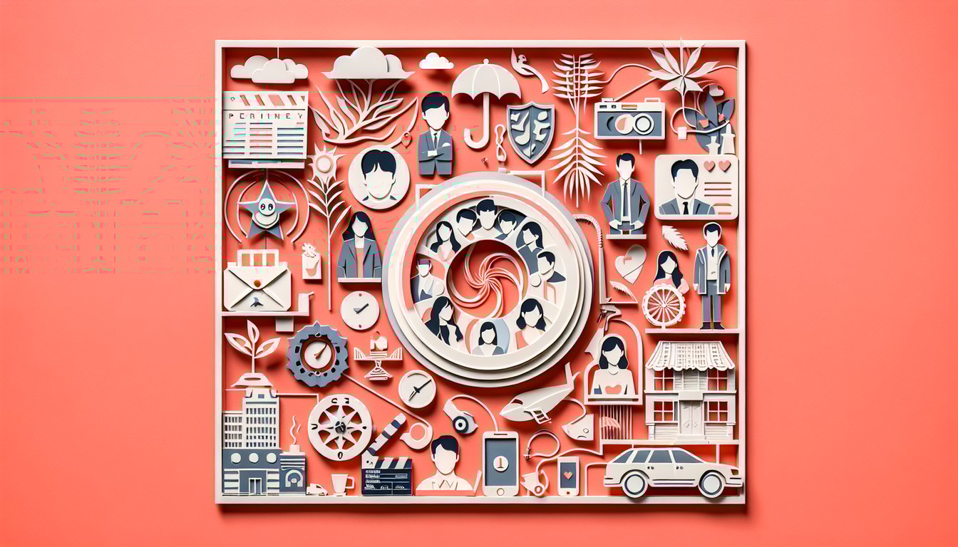 paper art coral quiz header featuring paper cut male silhouette question marks hearts text panels Kdrama theme