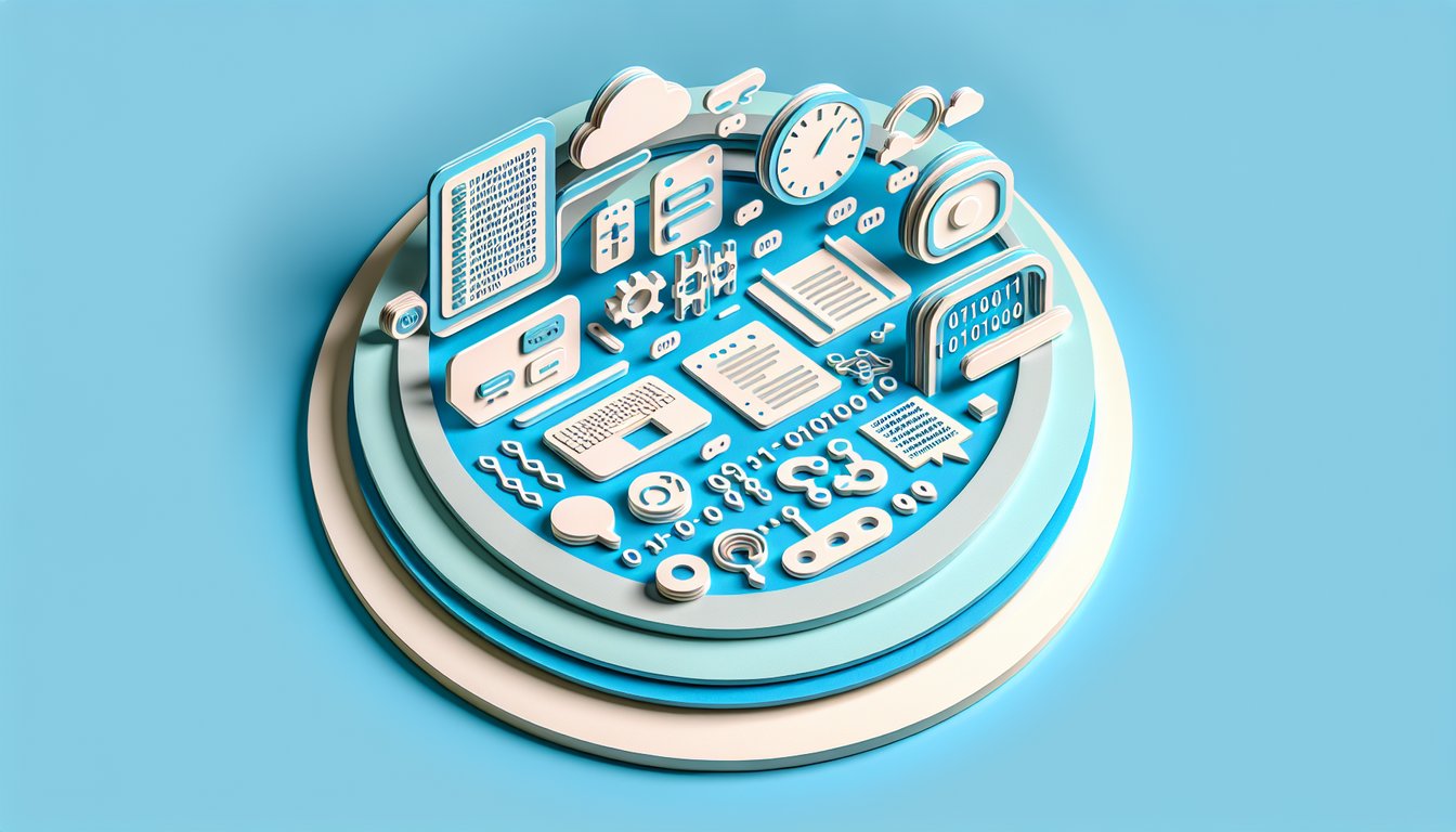 Paper art illustration of C plus plus quiz code brackets exam sheets challenge icons on sky blue background