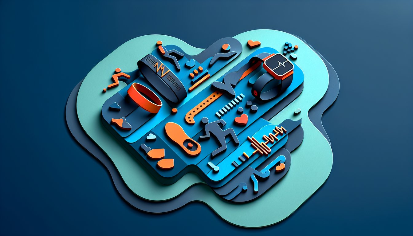Paper art illustration for fitness tracker quiz featuring Fitbit, Apple Watch, and activity trackers on a dark blue background.