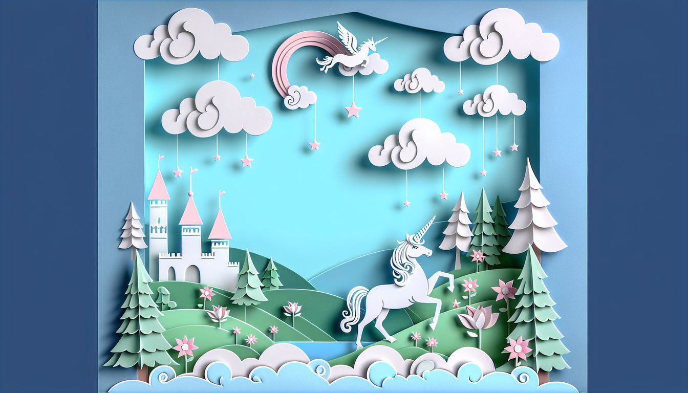 Paper art unicorns and friends against sky blue background for Test your Charlie the Unicorn knowledge free trivia quiz