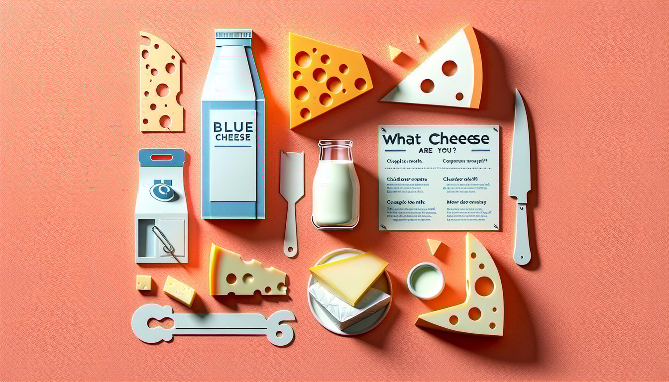 Paper art illustration of assorted cheeses question marks and text on coral background for What Cheese Are You quiz