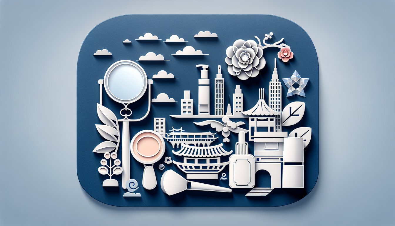 Paper art illustration for a quiz on aligning your look with Korean beauty standards on a dark blue background