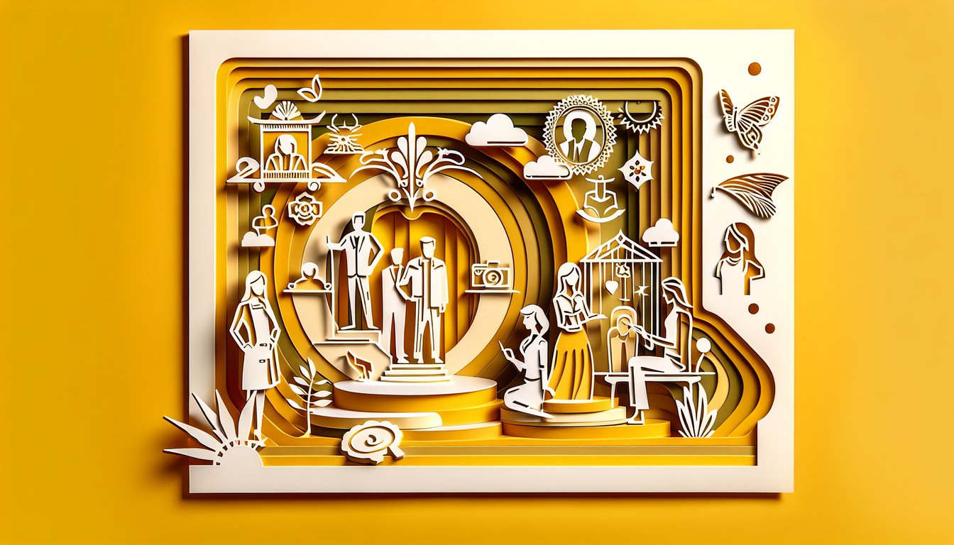 Paper art illustration for comfort character quiz on a golden yellow background