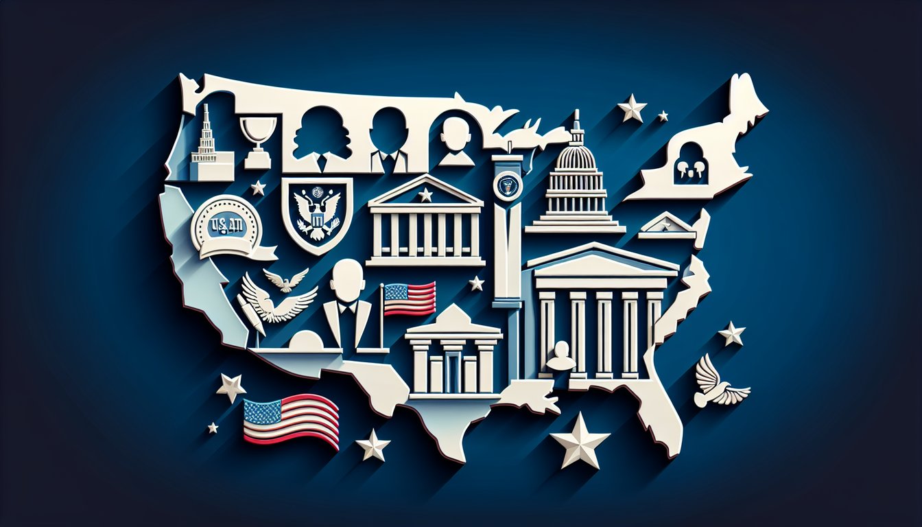 Paper art illustration of US presidents and state capital icons for presidents and capitals quiz on dark blue background.