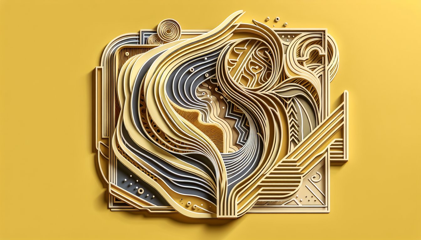 Paper art hearts and branches illustrate personalized quiz on attachment styles against a golden yellow backdrop.