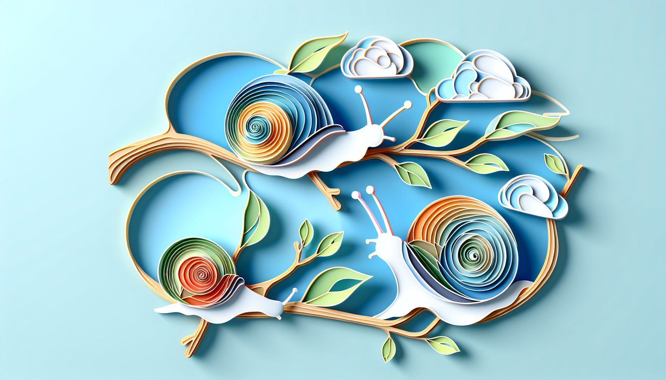 Paper art snail next to quiz headline on sky blue background for snail trivia challenge