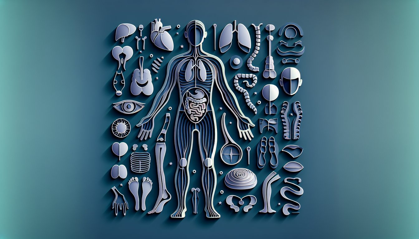 Paper art illustration stylized Spanish body parts quiz icons on dark blue background