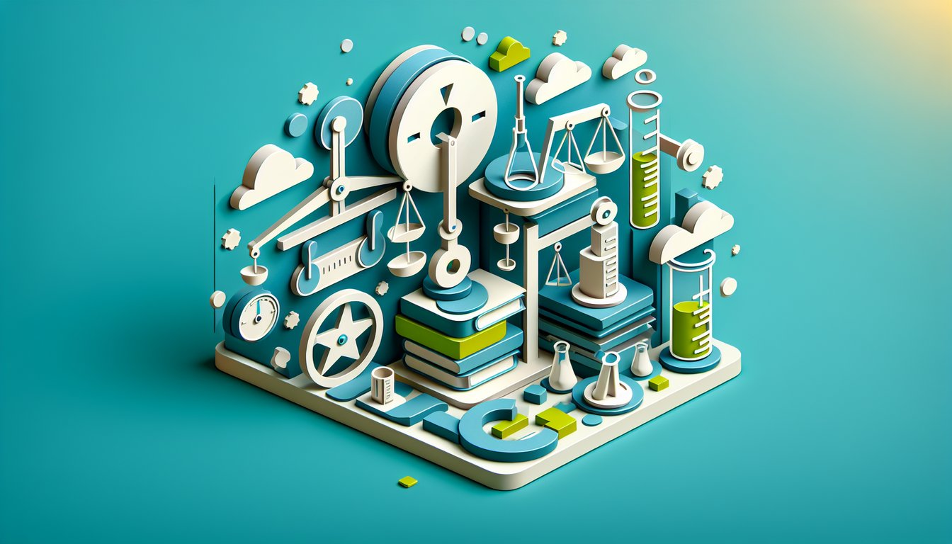 Paper art style icons of weights liquids glass flasks and question marks for mass volume density quiz on teal backdrop