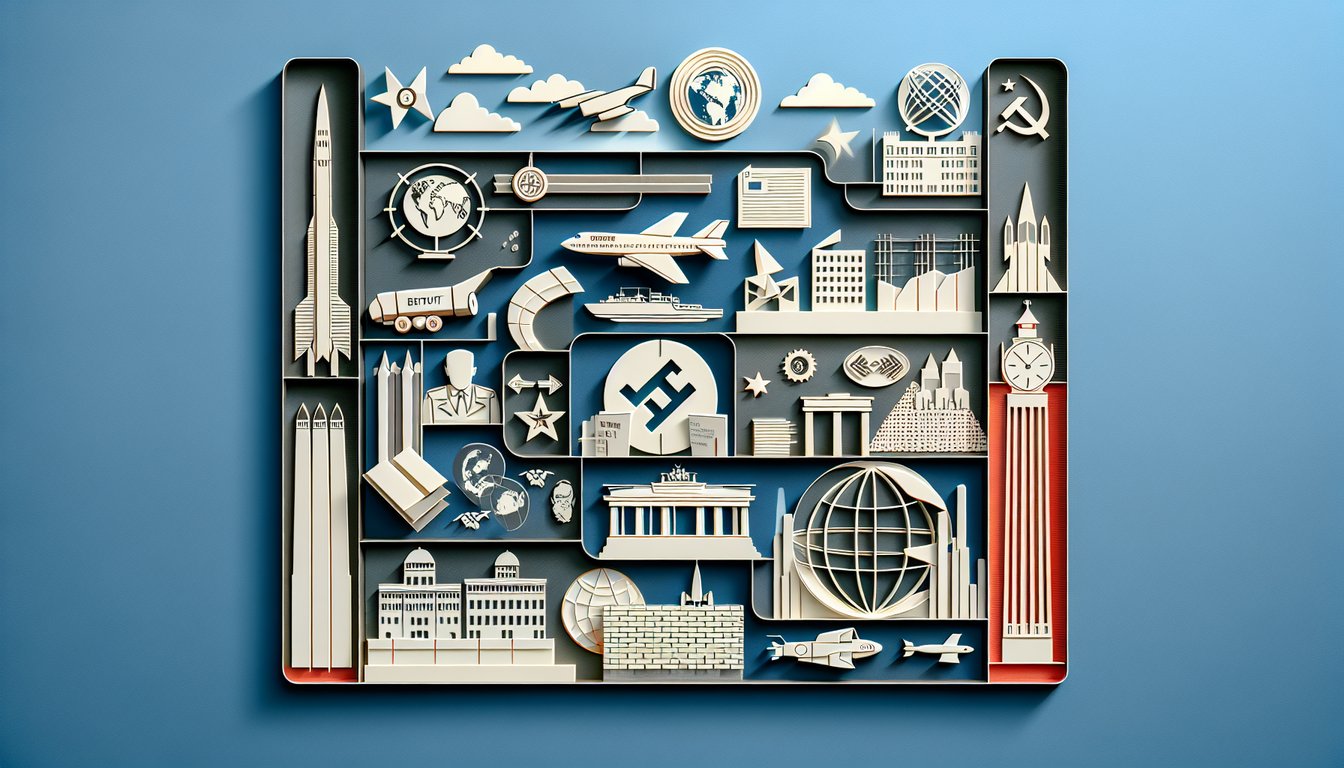 Paper art quiz header featuring Cold War symbols including leaders maps missiles and chess pieces on sky blue background